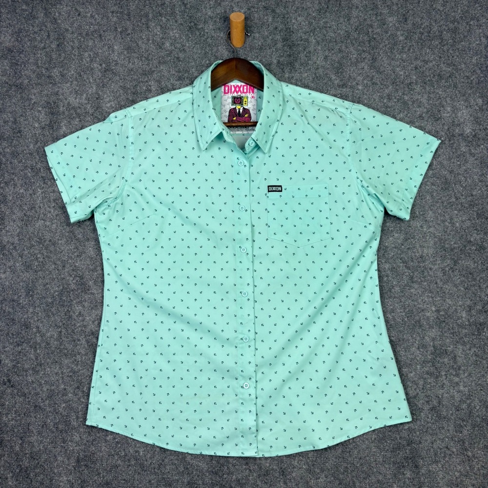 Dixxon Avery Shirt Womens XL Mint Green Anchor Print Short Sleeve Button Down